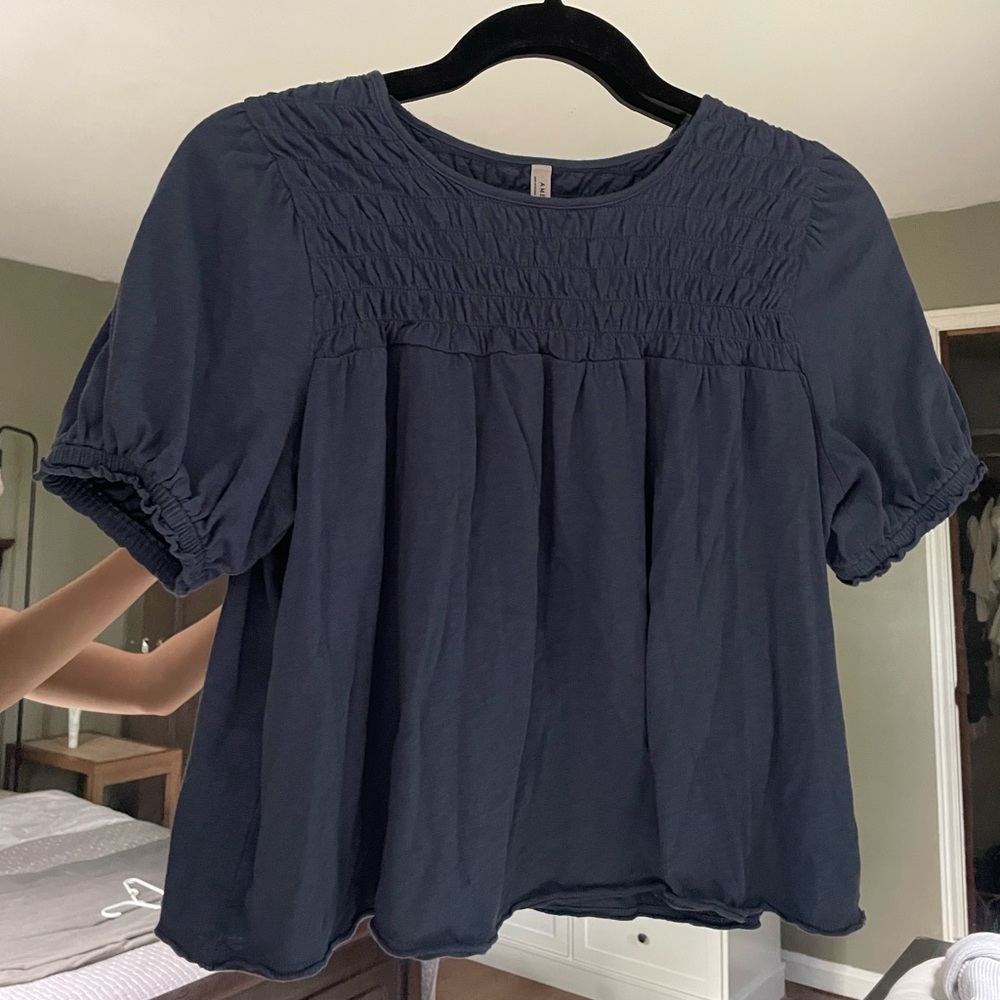 American Eagle Outfitters Navy Smocked Yoke Puff Sleeve Top